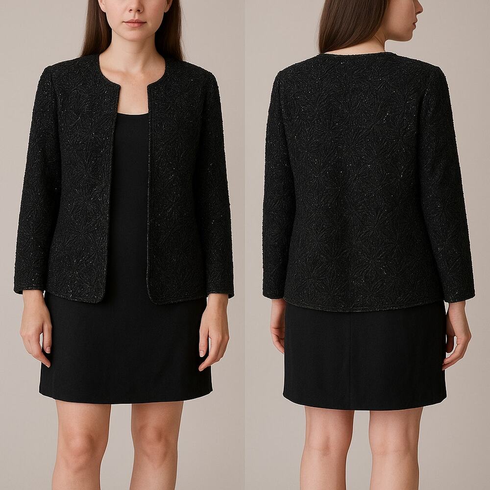 VTG Oleg Cassini Black Tie Beaded Sequin Evening Jacket 1X Elegant Formalwear